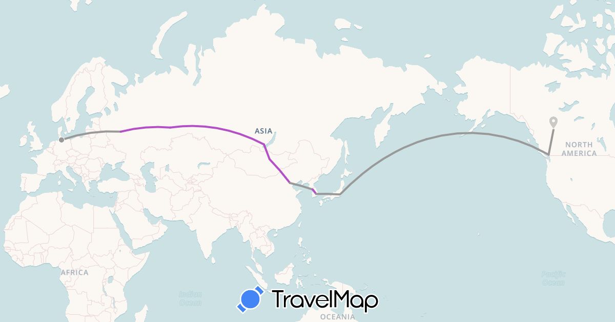TravelMap itinerary: driving, plane, train in Canada, China, Germany, Japan, South Korea, Mongolia, Russia (Asia, Europe, North America)